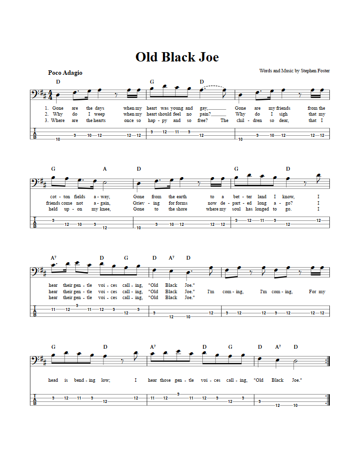 Old Black Joe  Bass Guitar Tab