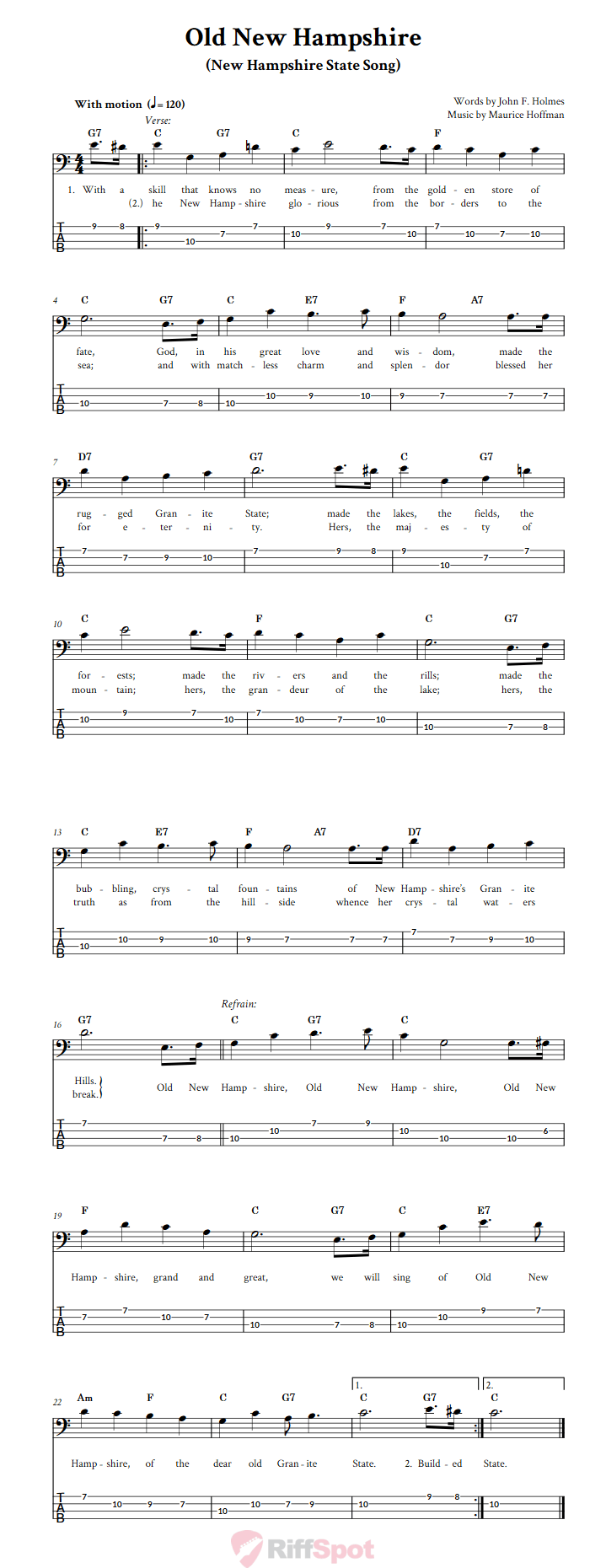 Old New Hampshire  Bass Guitar Tab