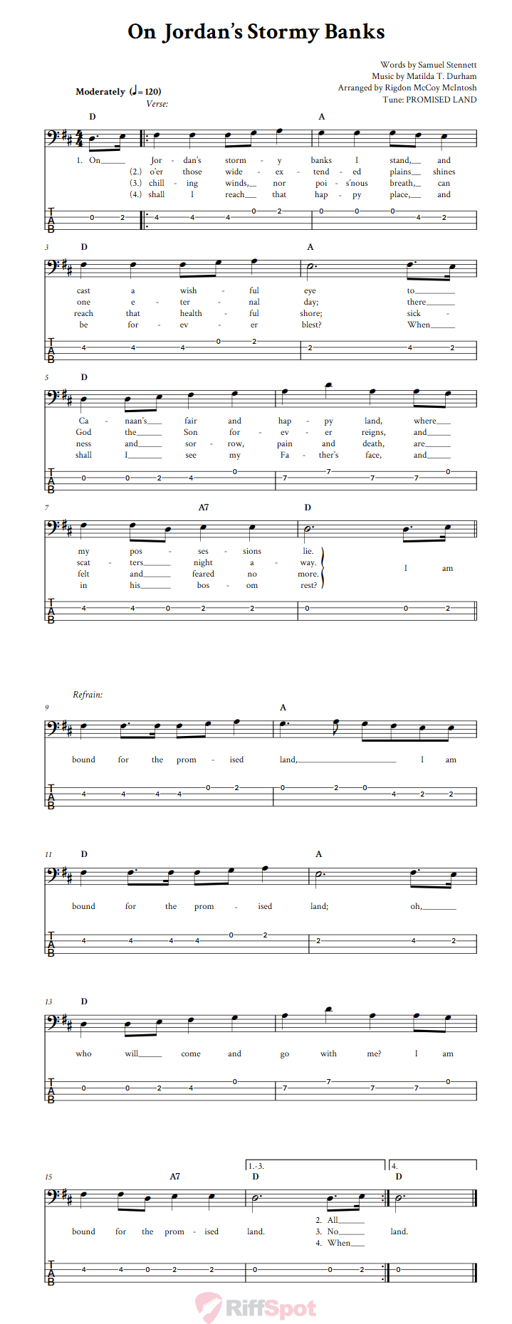 On Jordan's Stormy Banks  Bass Guitar Tab