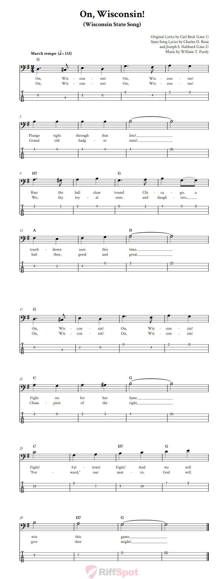 On, Wisconsin!  Bass Guitar Tab