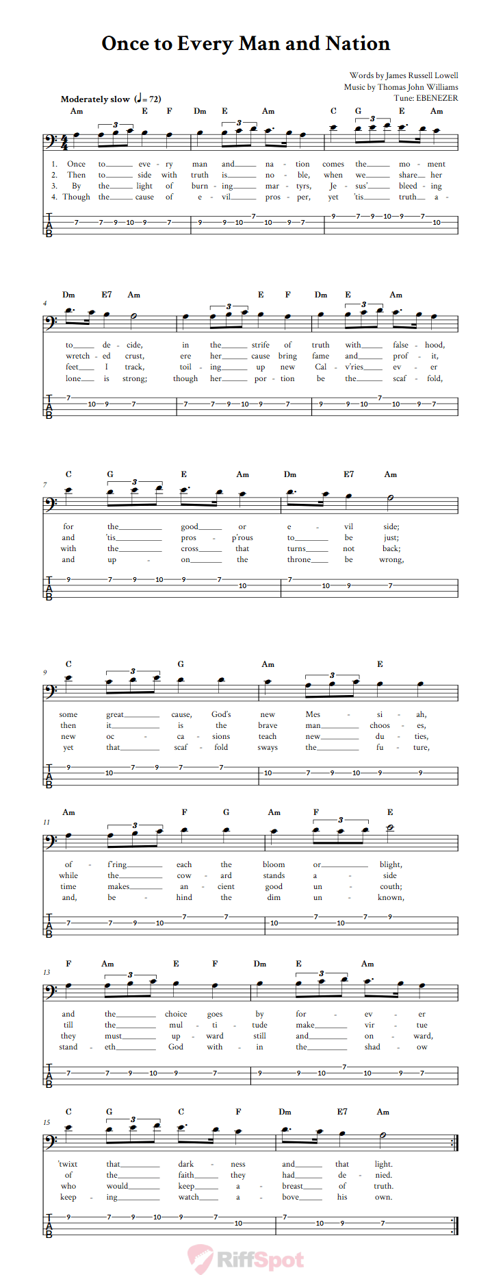 Once to Every Man and Nation  Bass Guitar Tab