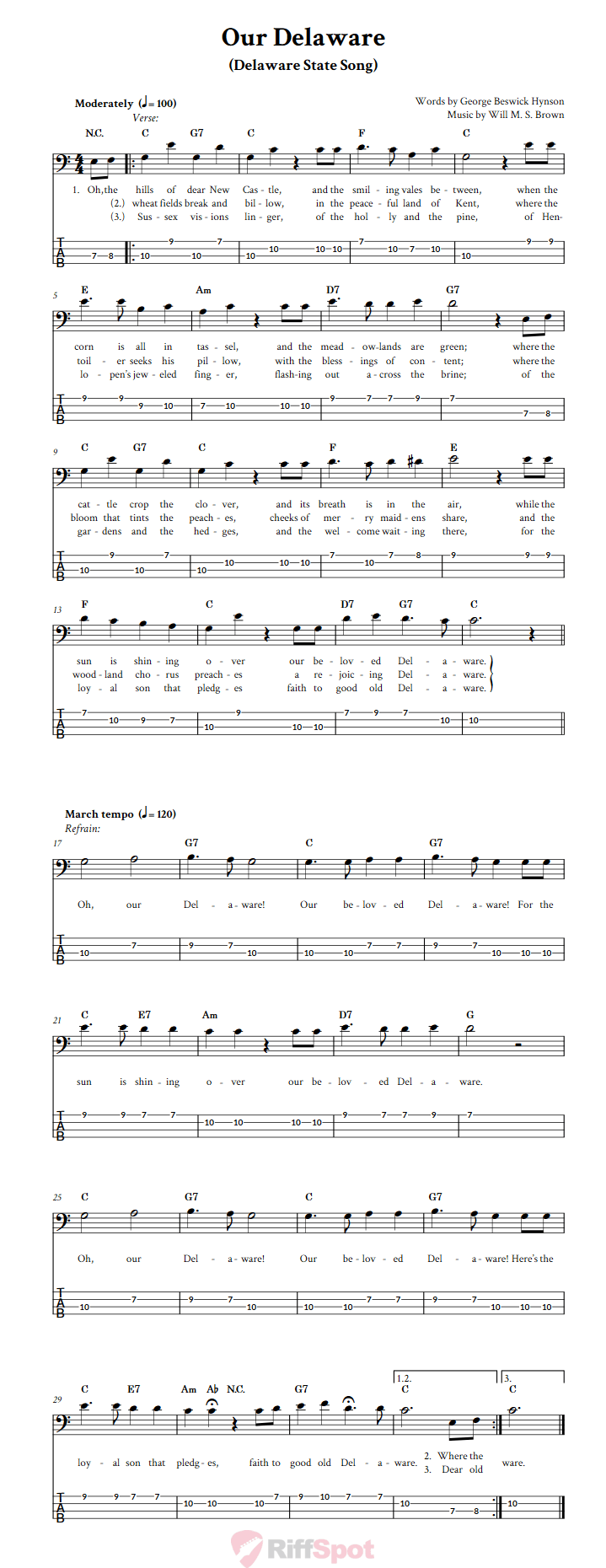 Our Delaware  Bass Guitar Tab