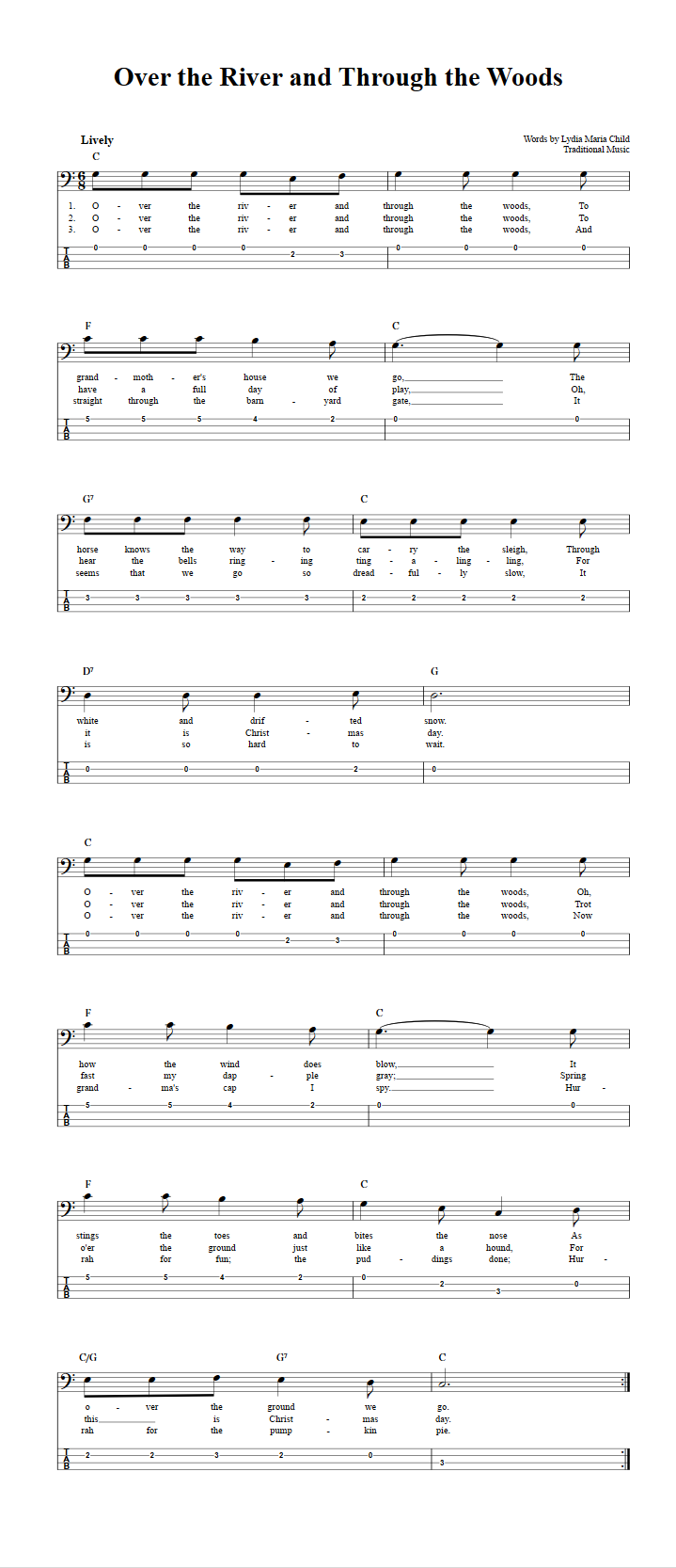 Over the River and Through the Woods  Bass Guitar Tab