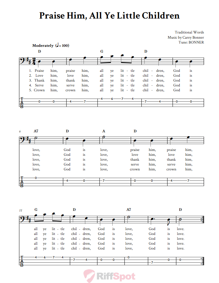 Praise Him, All Ye Little Children  Bass Guitar Tab