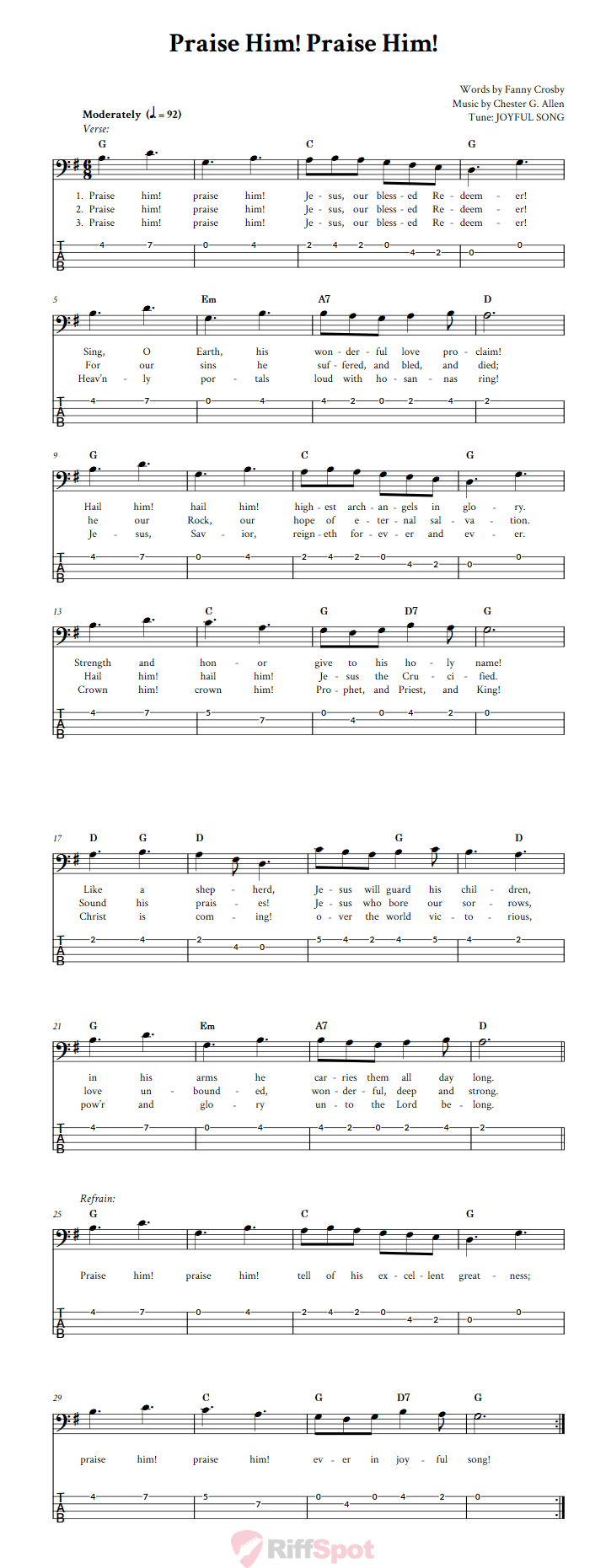 Praise Him! Praise Him!  Bass Guitar Tab