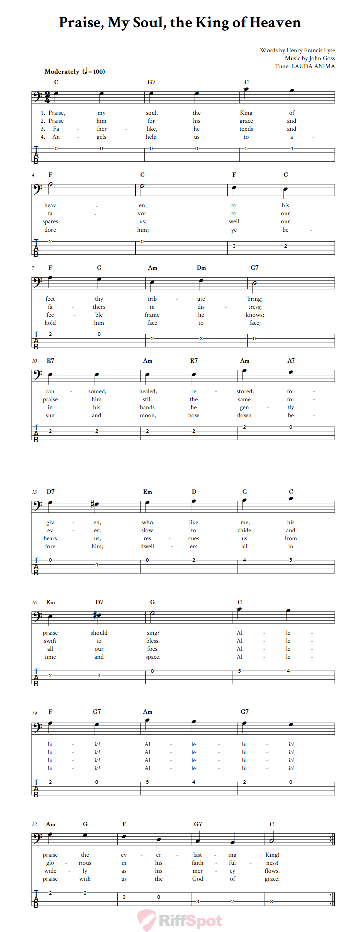 Praise, My Soul, the King of Heaven  Bass Guitar Tab