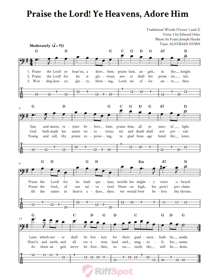 Praise the Lord! Ye Heavens, Adore Him  Bass Guitar Tab