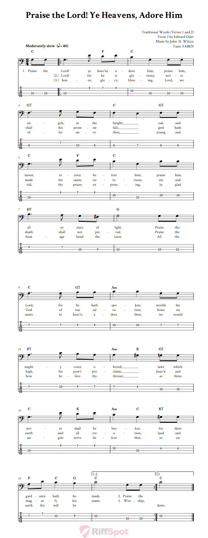 Praise the Lord! Ye Heavens, Adore Him  Bass Guitar Tab