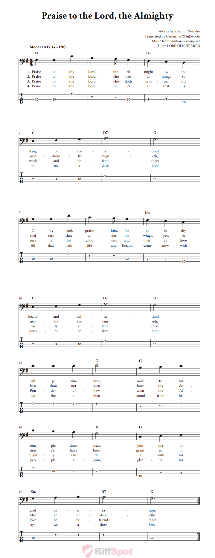 Praise to the Lord, the Almighty  Bass Guitar Tab