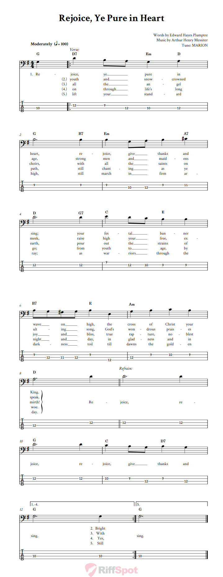 Rejoice, Ye Pure in Heart  Bass Guitar Tab