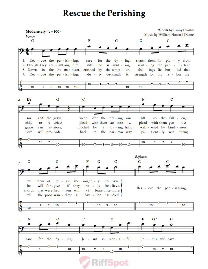 Rescue the Perishing  Bass Guitar Tab