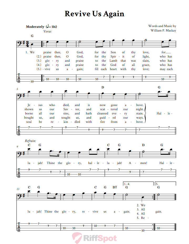 Revive Us Again  Bass Guitar Tab