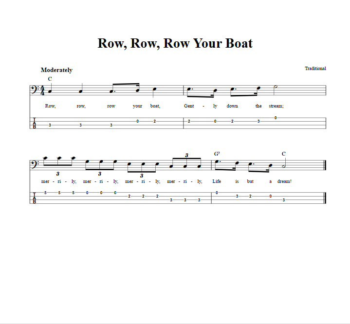 Row, Row, Row Your Boat  Bass Guitar Tab