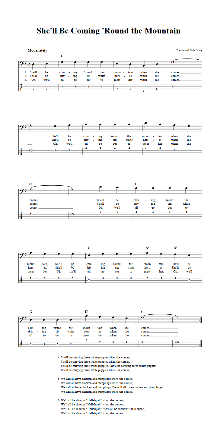 She'll Be Coming 'Round the Mountain  Bass Guitar Tab
