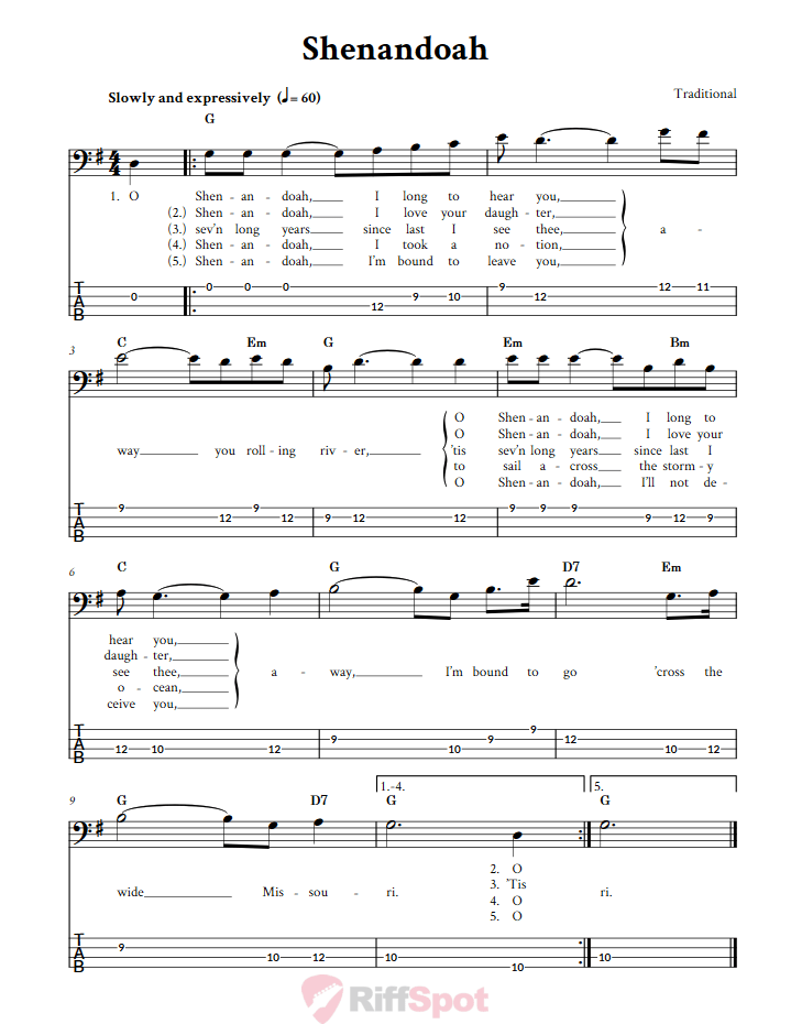 Shenandoah  Bass Guitar Tab