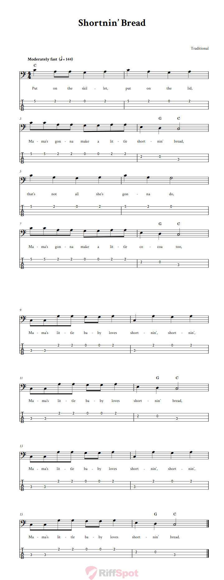 Shortnin' Bread Bass Guitar Tab