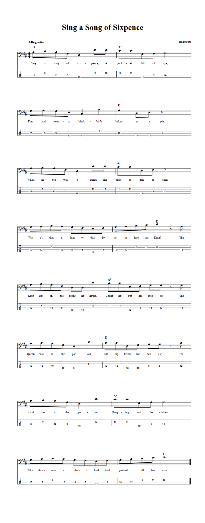 Sing a Song of Sixpence  Bass Guitar Tab
