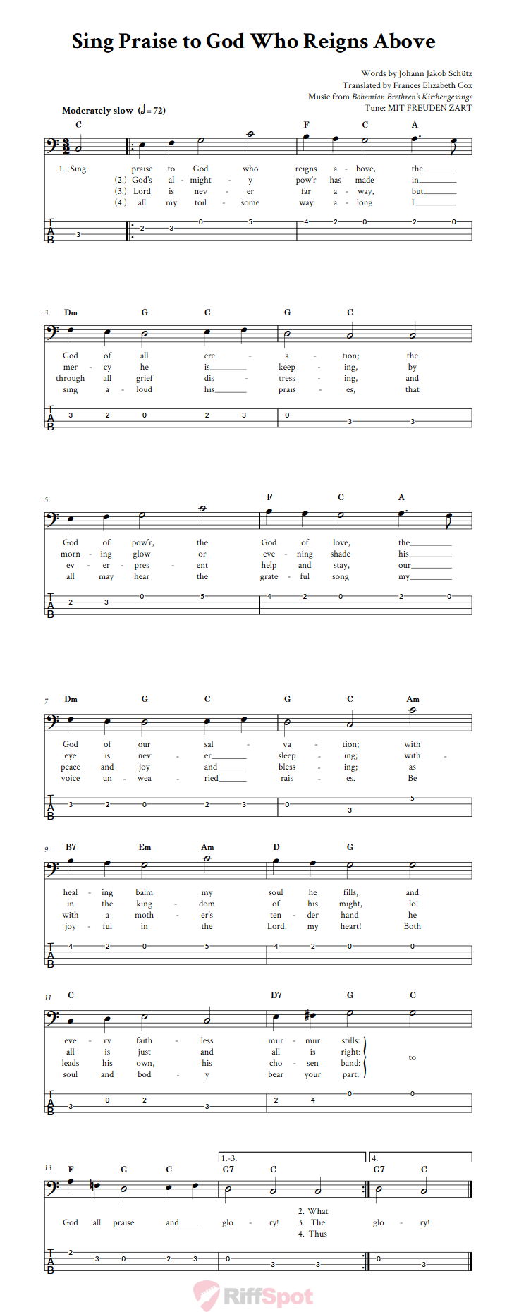 Sing Praise to God Who Reigns Above  Bass Guitar Tab