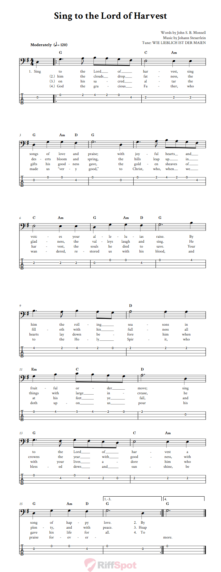 Sing To The Lord Of Harvest  Bass Guitar Tab