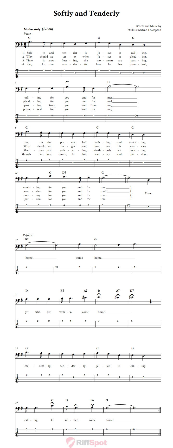 Softly And Tenderly  Bass Guitar Tab