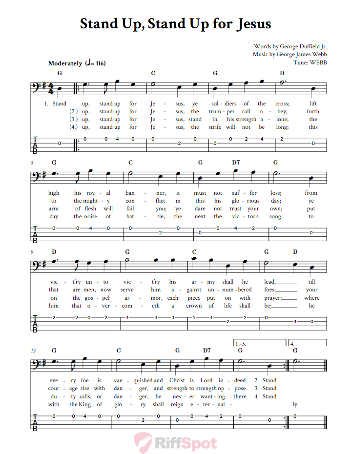 Stand Up, Stand Up for Jesus  Bass Guitar Tab