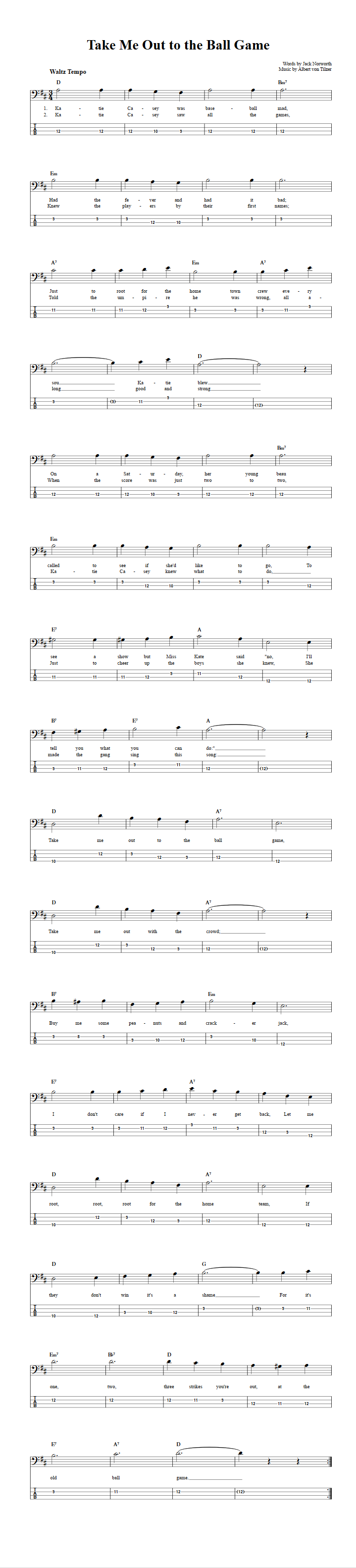 Take Me Out to the Ball Game  Bass Guitar Tab