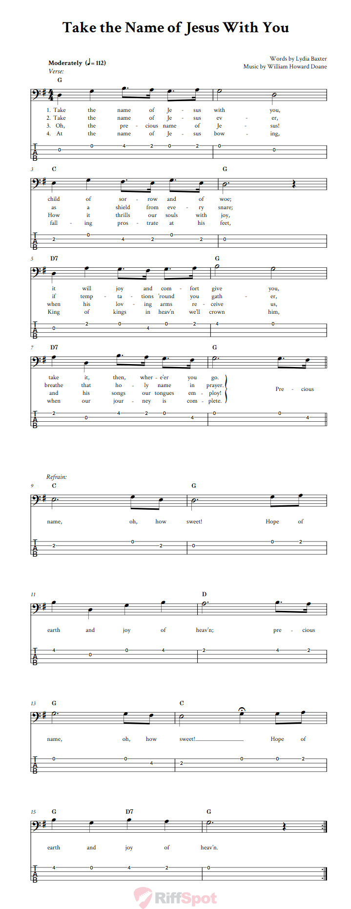 Take the Name of Jesus With You  Bass Guitar Tab