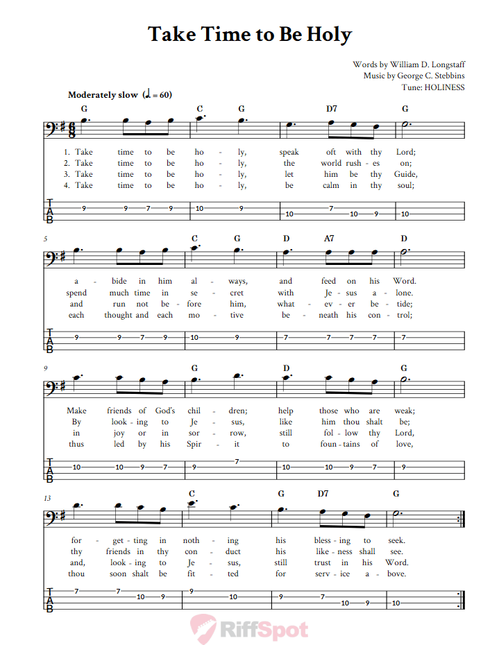 Take Time to Be Holy  Bass Guitar Tab