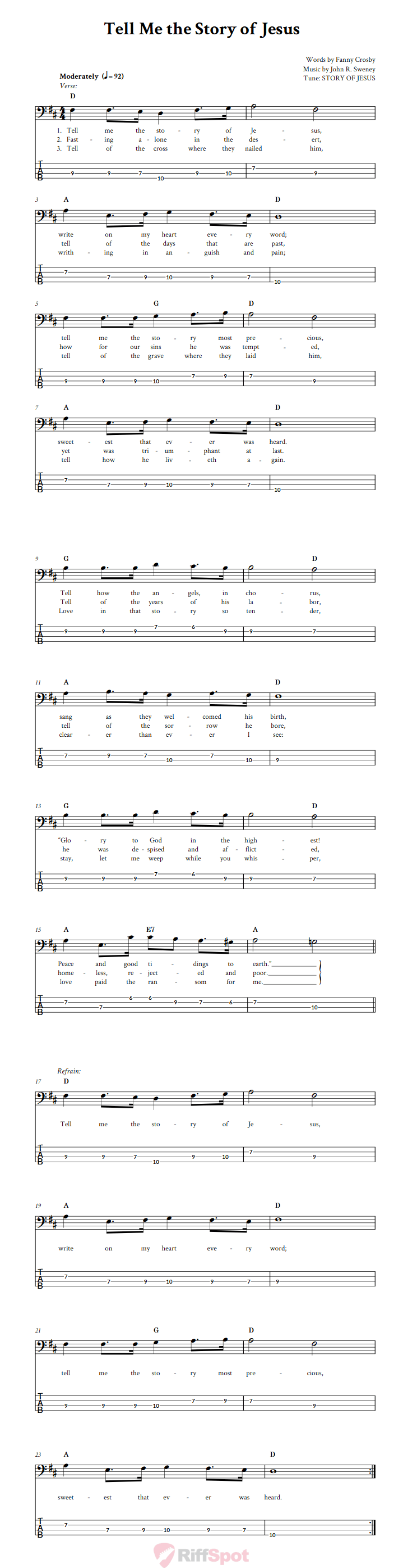 Tell Me the Story of Jesus  Bass Guitar Tab