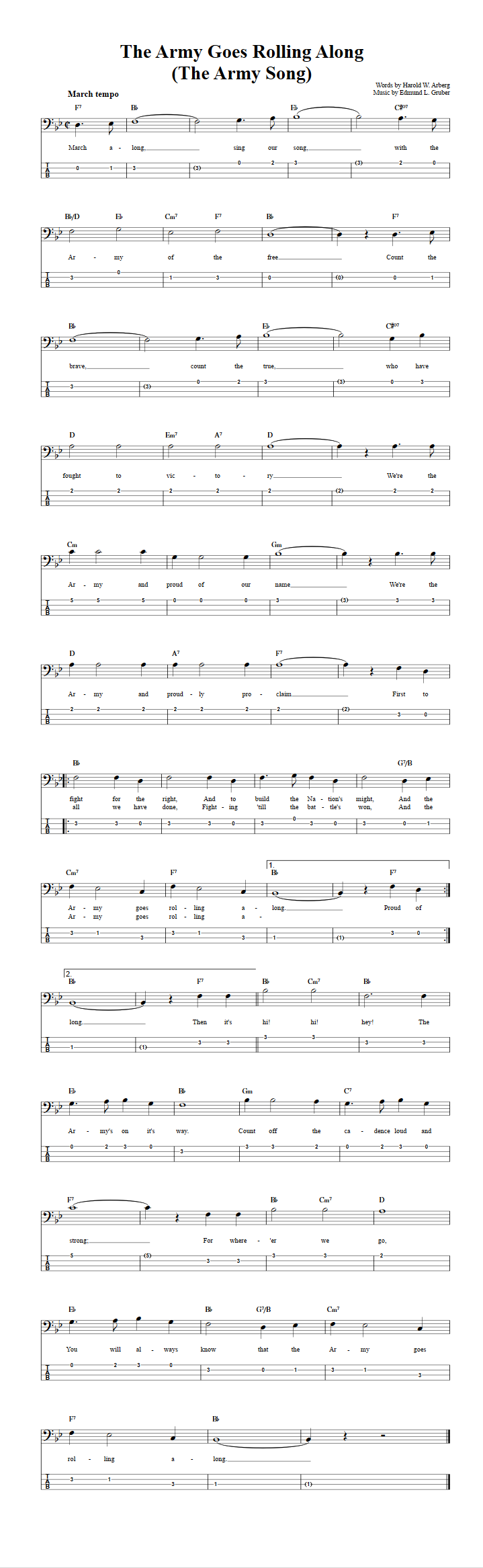 The Army Goes Rolling Along  Bass Guitar Tab