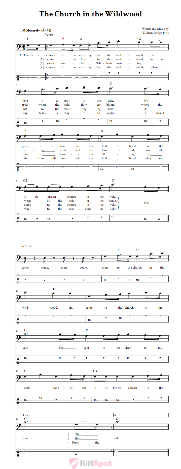 The Church In The Wildwood  Bass Guitar Tab