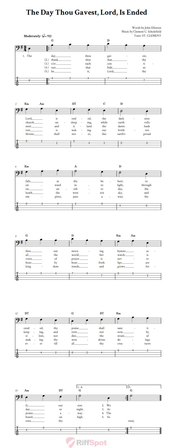 The Day Thou Gavest, Lord, Is Ended  Bass Guitar Tab