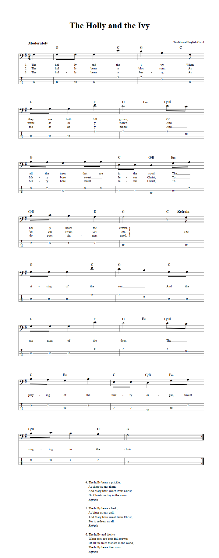The Holly and the Ivy  Bass Guitar Tab
