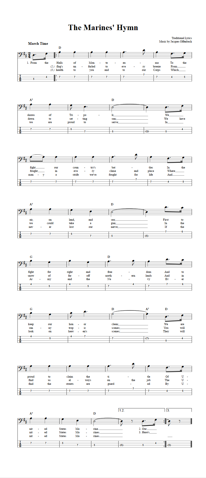 The Marines' Hymn  Bass Guitar Tab