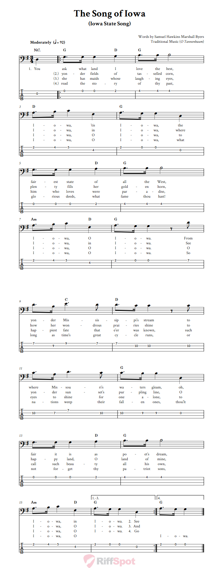 The Song of Iowa  Bass Guitar Tab