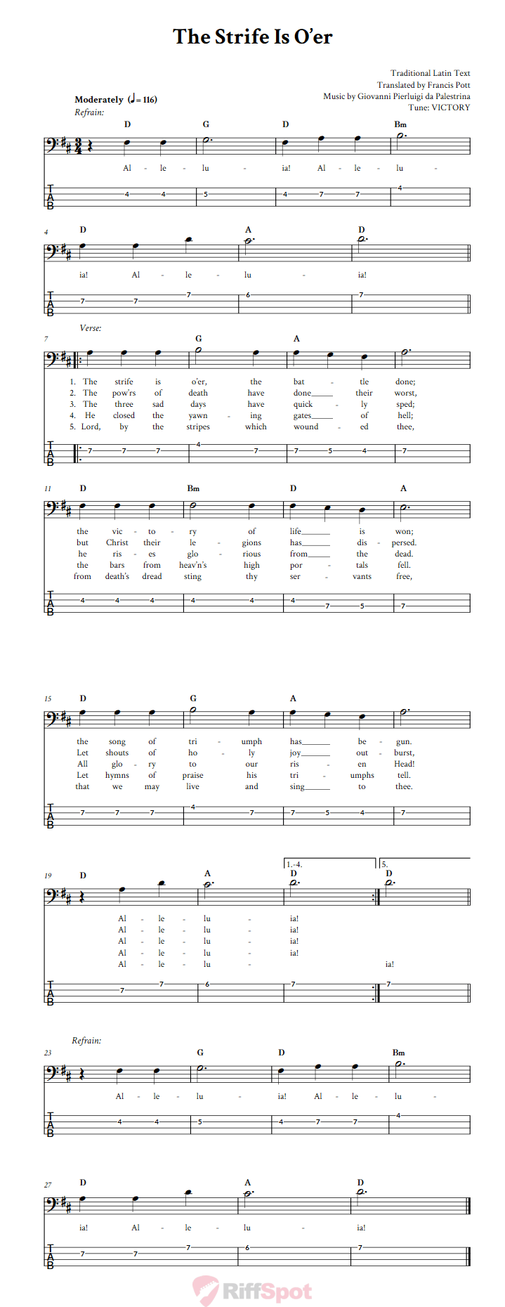 The Strife Is O'er  Bass Guitar Tab