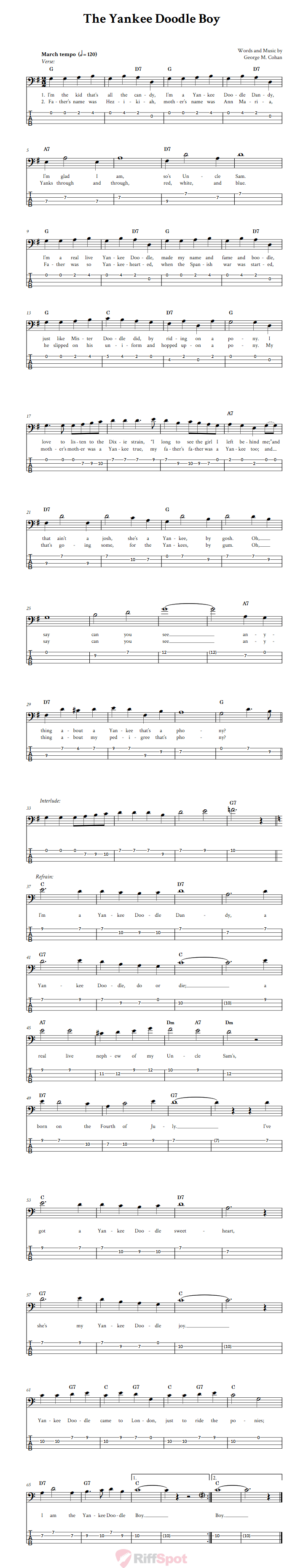 The Yankee Doodle Boy  Bass Guitar Tab