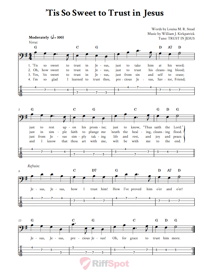 Tis So Sweet To Trust In Jesus  Bass Guitar Tab