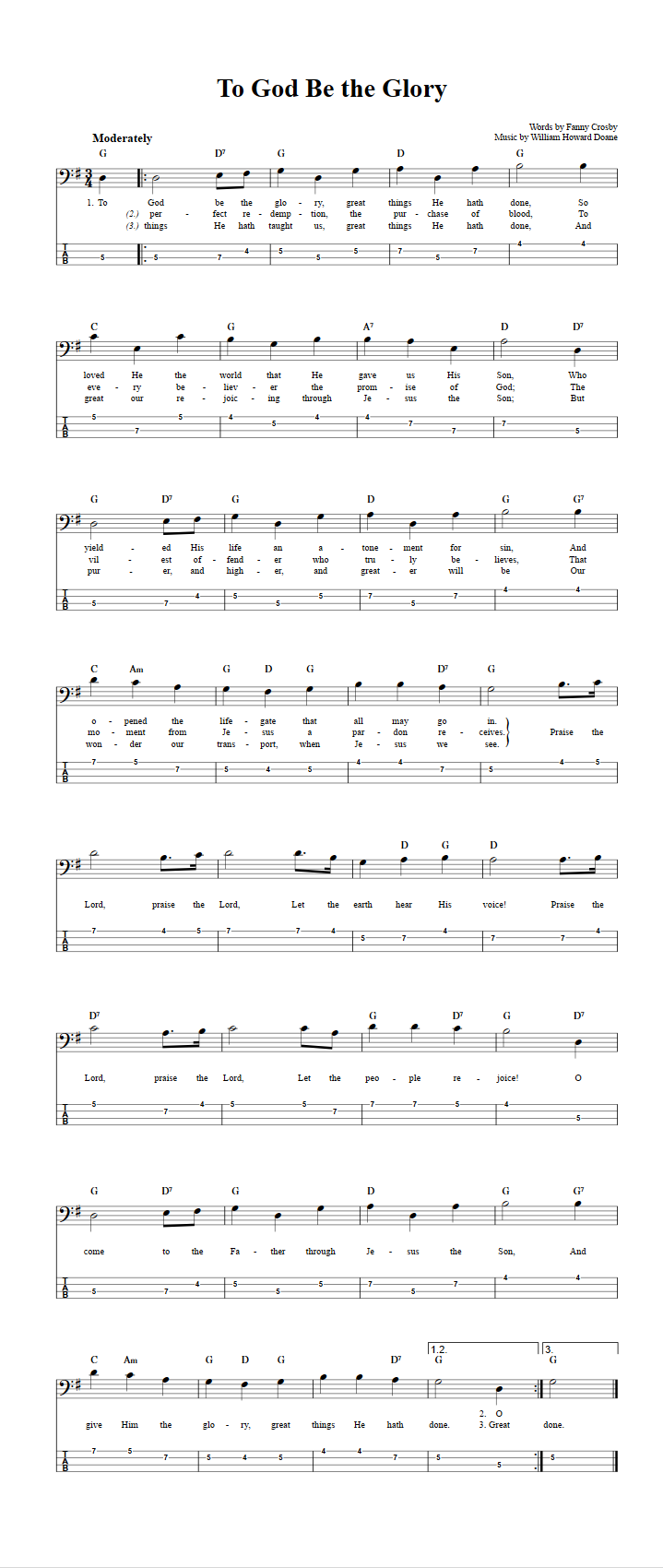 To God Be the Glory  Bass Guitar Tab