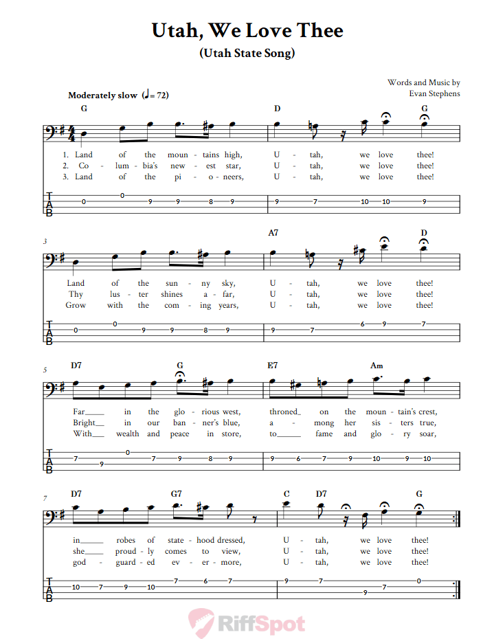 Utah, We Love Thee  Bass Guitar Tab