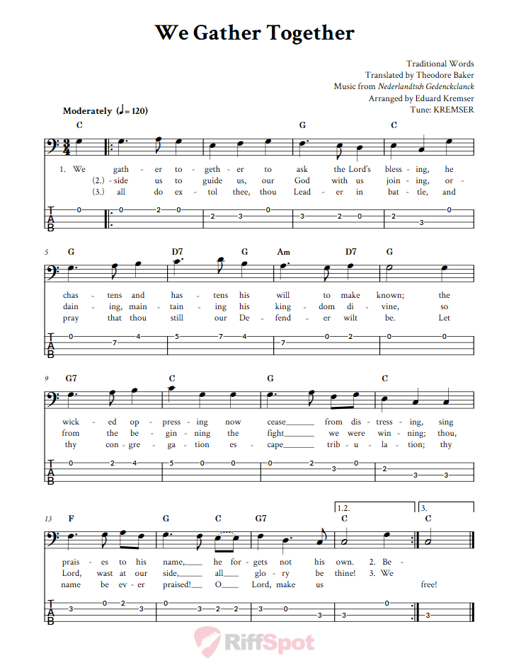 We Gather Together  Bass Guitar Tab