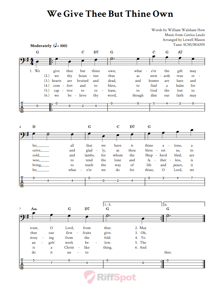 We Give Thee But Thine Own  Bass Guitar Tab