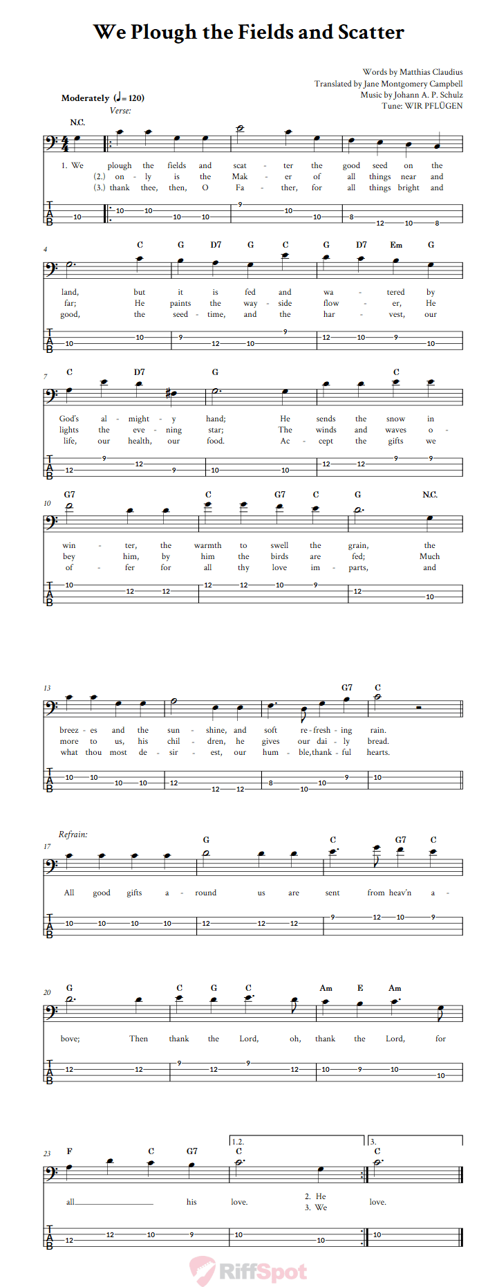 We Plough the Fields and Scatter  Bass Guitar Tab