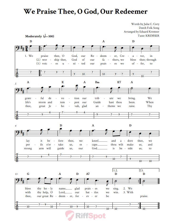 We Praise Thee, O God, Our Redeemer  Bass Guitar Tab