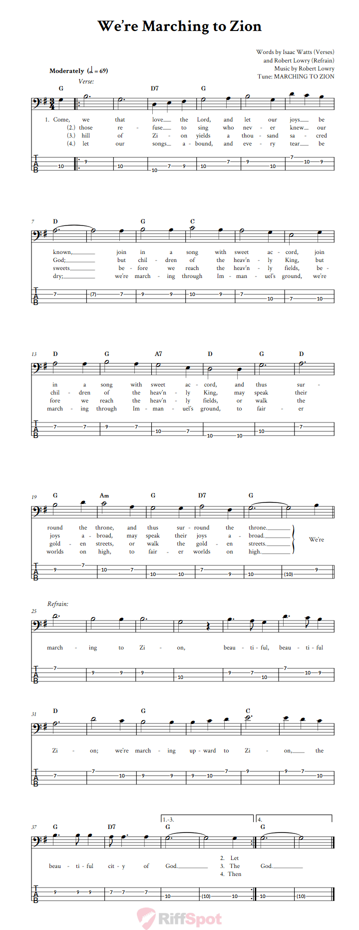 We're Marching to Zion  Bass Guitar Tab