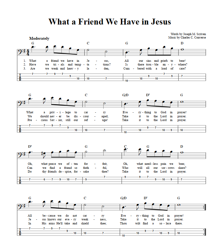 What A Friend We Have In Jesus Bass Guitar Sheet Music And Tab With Chords And Lyrics