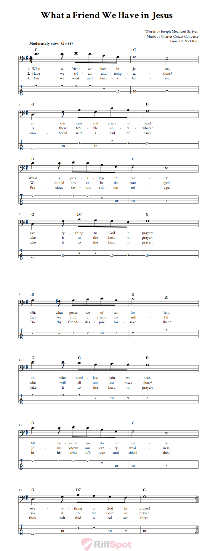 What A Friend We Have In Jesus Bass Guitar Sheet Music And Tab With Chords And Lyrics