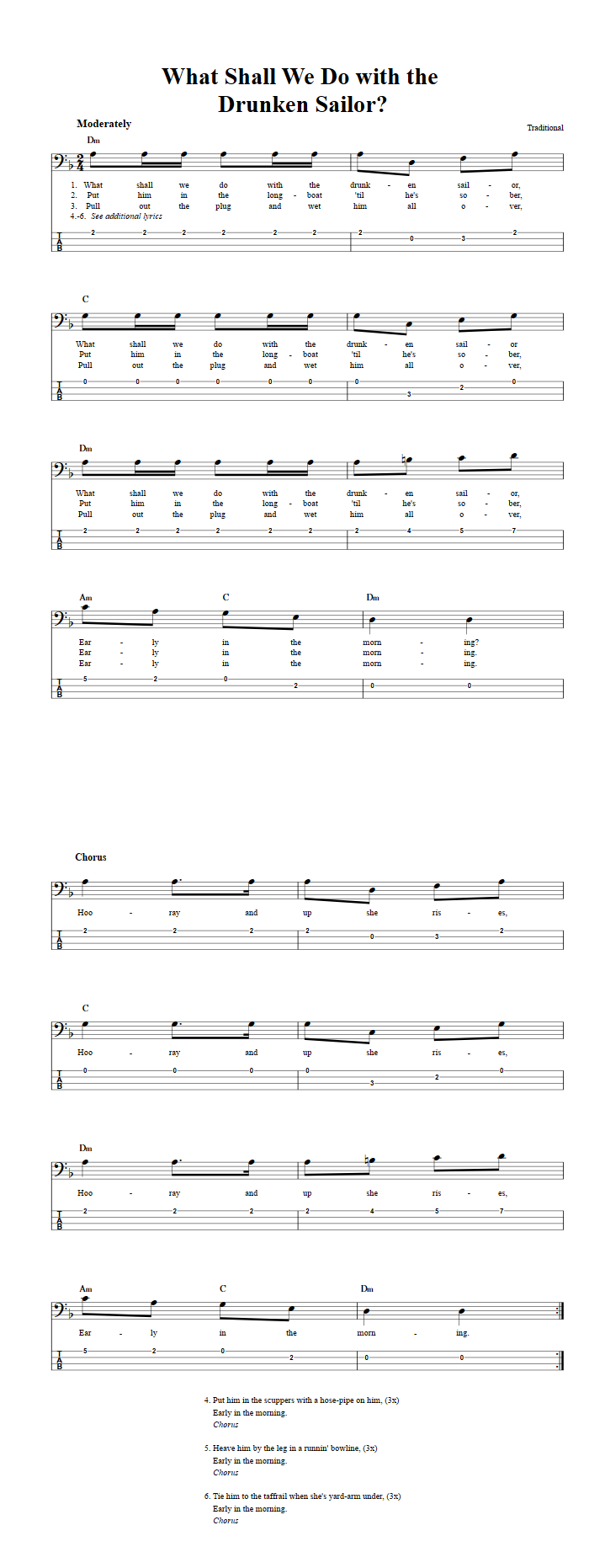 What Shall We Do with the Drunken Sailor?  Bass Guitar Tab