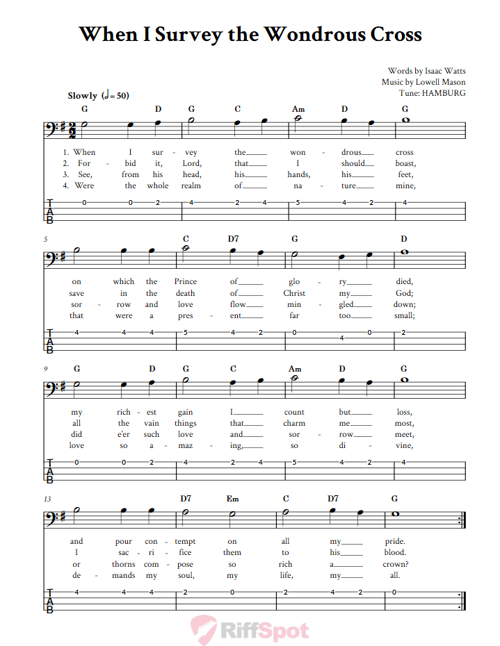 When I Survey the Wondrous Cross  Bass Guitar Tab