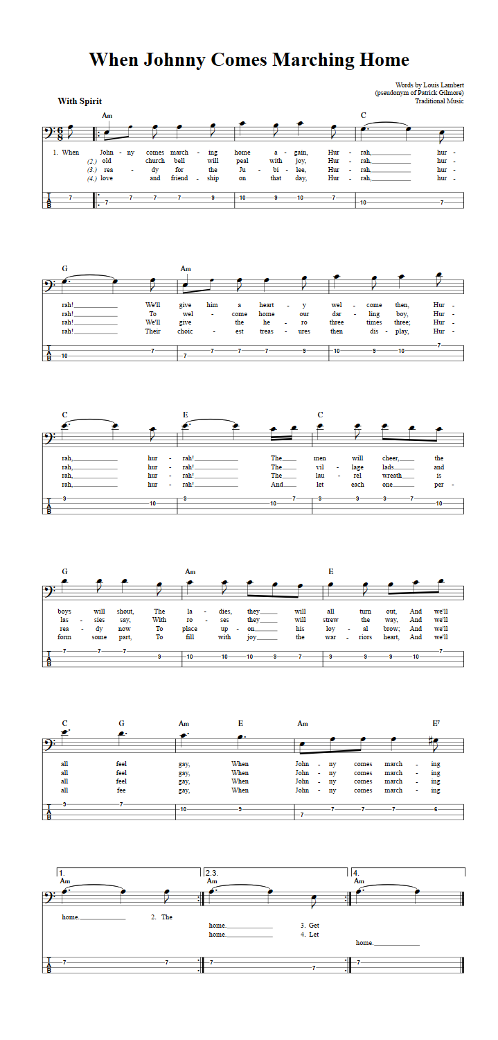 When Johnny Comes Marching Home  Bass Guitar Tab